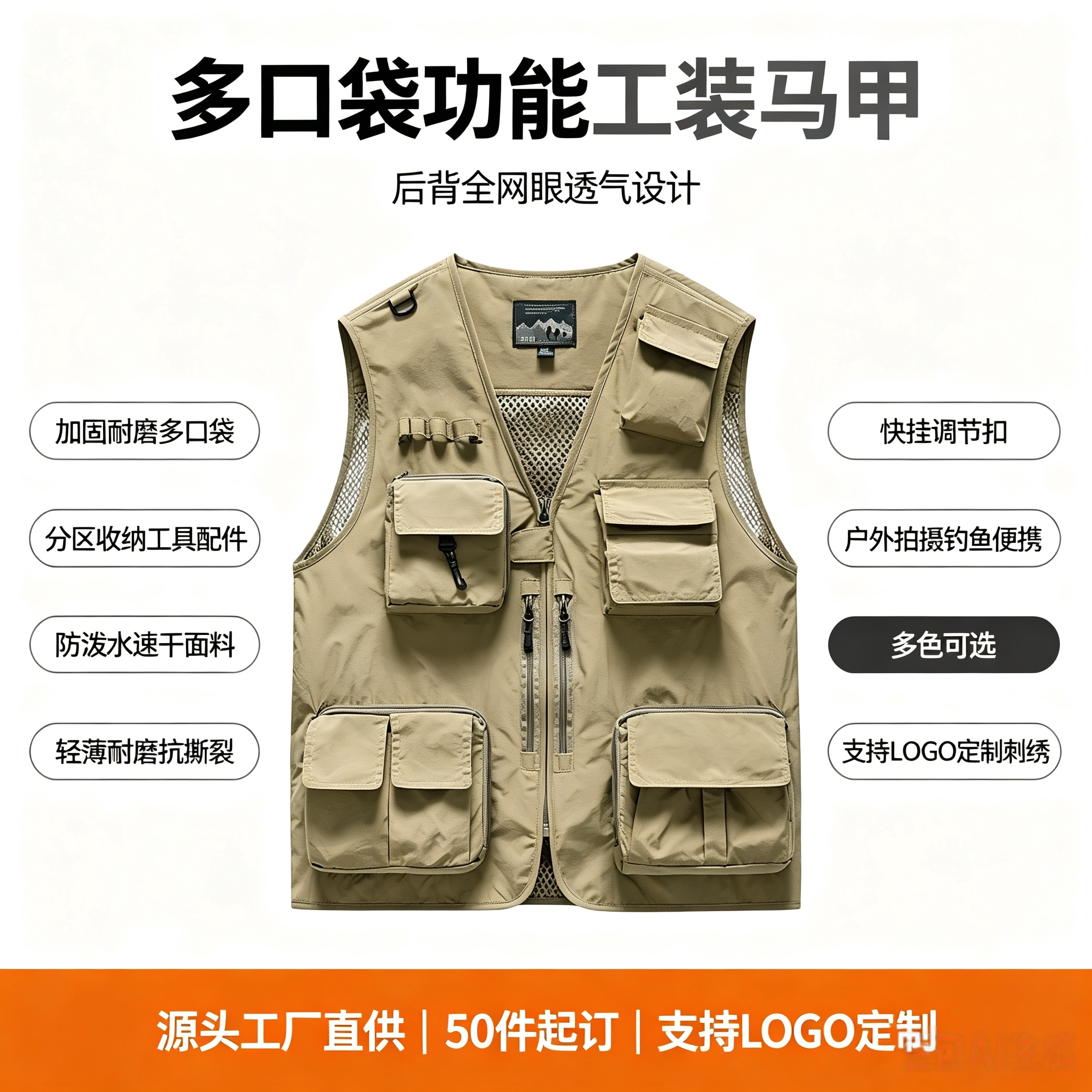 啄木鸟工装马甲户外钓鱼背心多口袋跨境坎肩摄影工作服马夹订制服