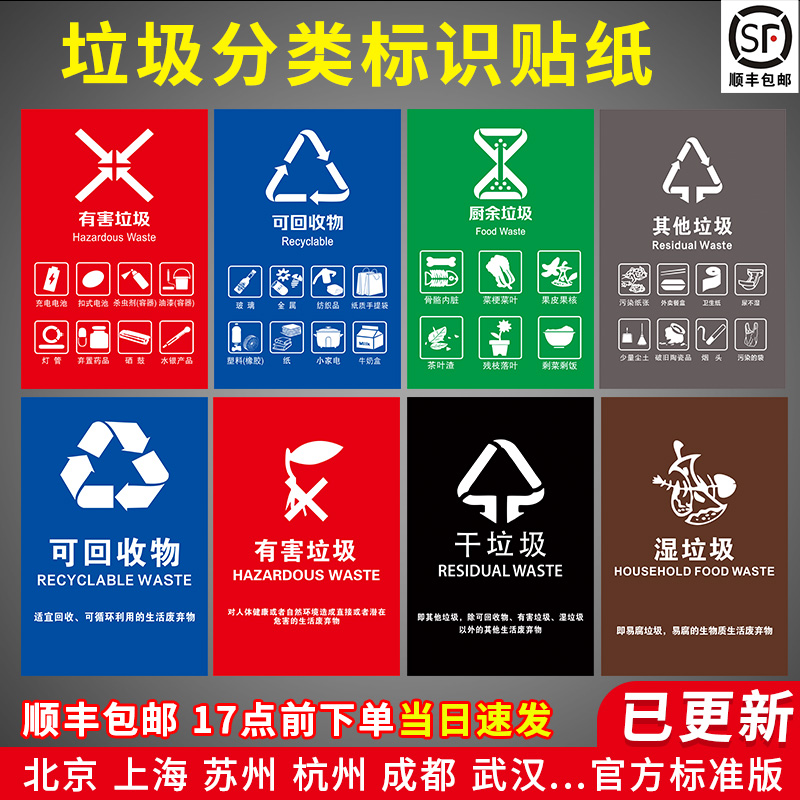 垃圾分类标识贴纸幼儿园上海北京杭州苏州垃圾桶标志不可易腐厨余干湿垃圾指示有害标语家用标识牌小海报