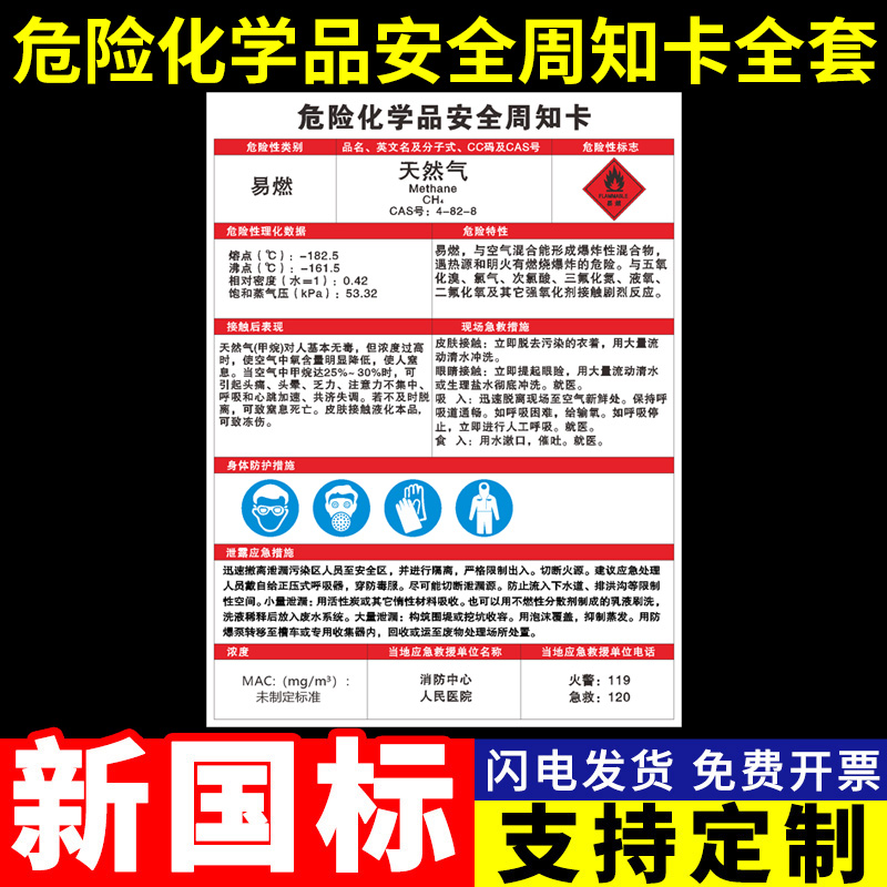 天然气危险化学品周知卡安全告知卡危化品危害告知卡化学品警示标志告知牌标识牌安全标识牌PVC定制定做