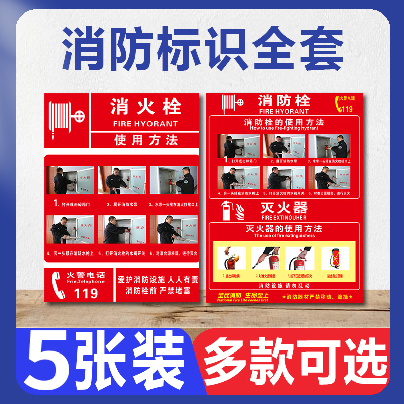 消防栓贴纸消火栓使用方法说明消防安全四个能力标语火警电话119灭火器放置点注意防火生命至上警示标志标识