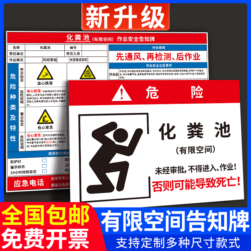 化粪池有限空间作业安全标识牌污水井蓄水池废气处理塔施工现场作业危险警告牌消防水池污水处理池安全告知牌