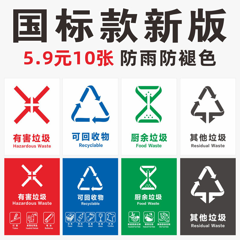 垃圾分类标识贴纸北京上海杭州苏州成都武汉垃圾桶标志不可有害易腐厨余其它干湿垃圾环卫宣传标语定制图片