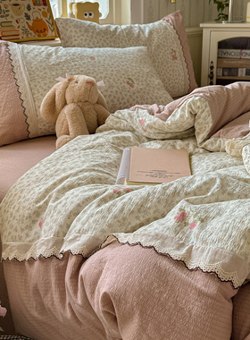 A类全棉花边四件套纯棉双层纱被套被罩床单床笠宿舍学生三件套件4