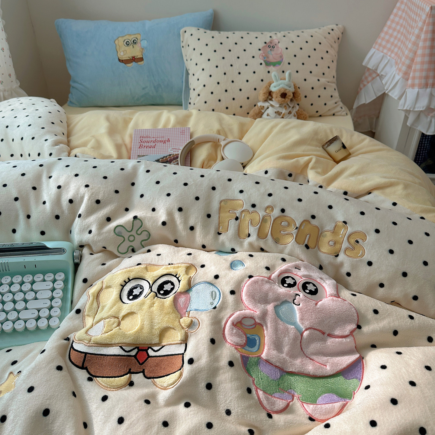 A类牛奶绒四件套毛巾绣被套被罩加绒加厚床单床笠学生宿舍三件套4