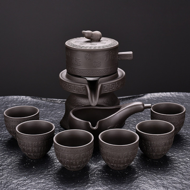 紫砂半自动懒人茶具 时来运转茶具套装 百福浮雕网红自动茶具
