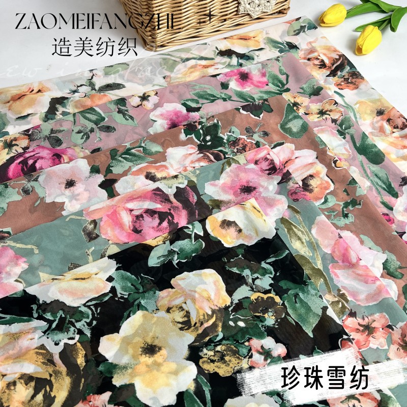 新款花型春夏季雪纺印花面料复古花朵印花连衣裙贵妇衬衫