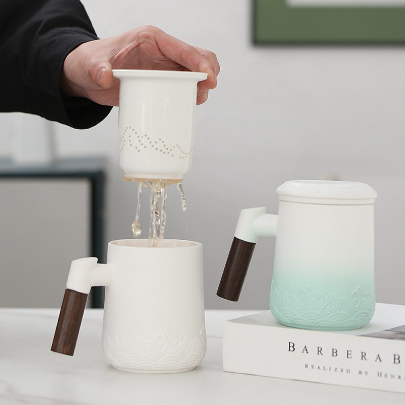 办公杯带把手茶水分离茶杯复古沧海马克水杯大容量400ml德化茶具