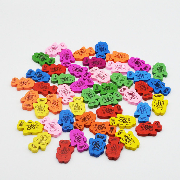 木质激光两面丝印 手工串珠 彩色环保卡通木鱼 风铃散珠配饰木珠