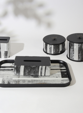 现代简约实木布艺圆形收纳盒摆件