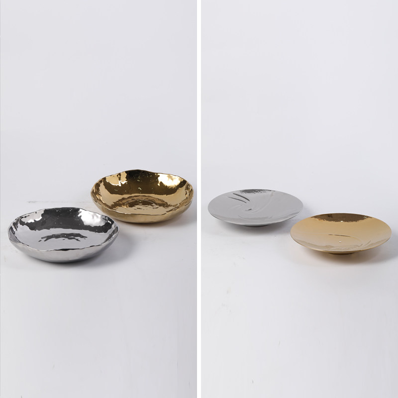 新中式家居轻奢电镀银色金色水果盘陶瓷摆件客厅样板房装饰品托盘