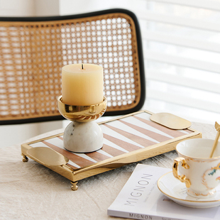 创意简约拼接双色长方形托盘金银色不锈钢大理石烛台家居装饰摆件