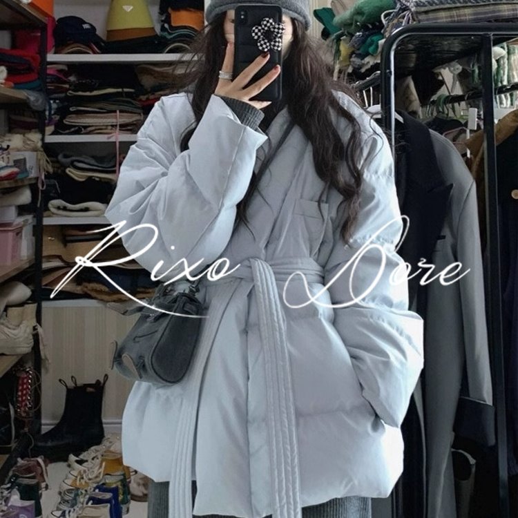 2025冬季棉衣棉服腰带蓝色高级感羽绒服加绒复古设计外套