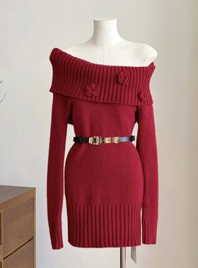 Barb Chill圣诞红宝石圣诞穿搭红色连衣裙一字肩女冬修身毛衣裙
