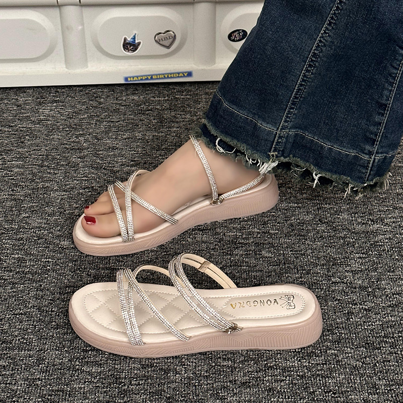 百搭平底水钻凉鞋女2024年新款夏季仙女风时装两穿罗马凉拖鞋外穿