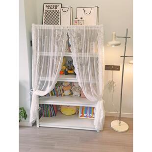 白色蕾丝窗帘书架防尘窗帘储物架纱幕门帘隔断门帘储物架门帘挡块