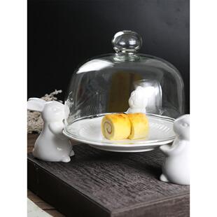 欧式陶瓷托盘兔子甜品盘玻璃盖罩下午茶点心盘子冷餐茶歇水果盘