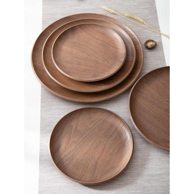 黑胡桃木大圆盘贴皮木质大茶盘日式木碟子水果茶点盘茶水水杯托盘