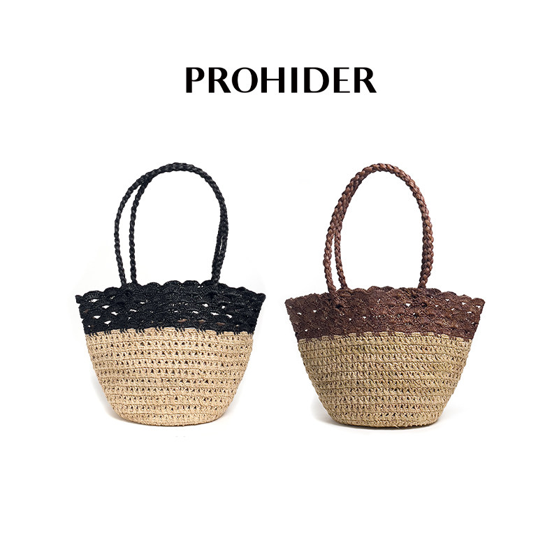 PROHIDER 法式复古进口拉菲草纯手工钩针贝壳花边草编包PH2502513