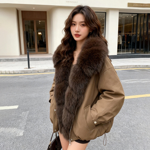 90白鹅绒羽绒服女2025冬新款 派克服年轻皮草外套 狐狸毛领宽松短款