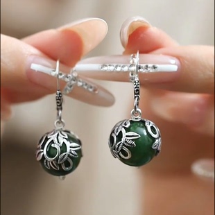 925银复古新中式和田碧玉镂空叶子圆珠耳环耳坠民族风小众设计女
