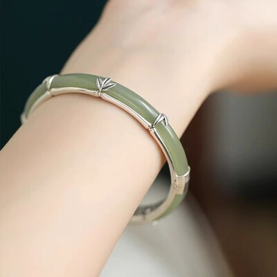 925银复古新中式晴水和田青玉竹节手镯开口可打开小众设计高级感