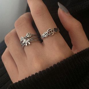 925银复古马上有钱铜钱戒指环开口调节女镂空做旧叠戴风小众设计