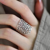 925银复古新中式 镂空花纹藤蔓戒指环开口调节女士小众设计高级感