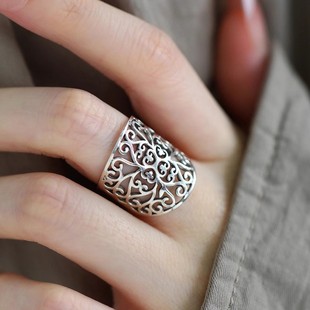 925银复古新中式镂空花纹藤蔓戒指环开口调节女士小众设计高级感