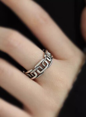 925银复古新中式四方镂空链条戒指环开口调节百搭小众设计民族风