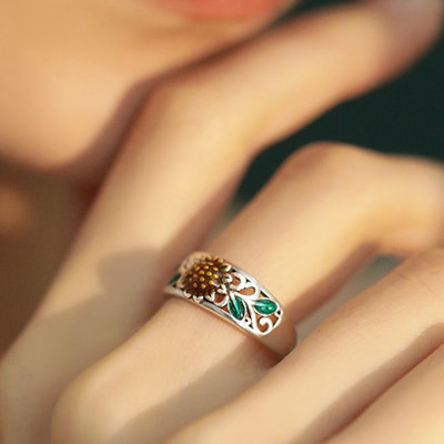 925银复古太阳花向日葵珐琅戒指