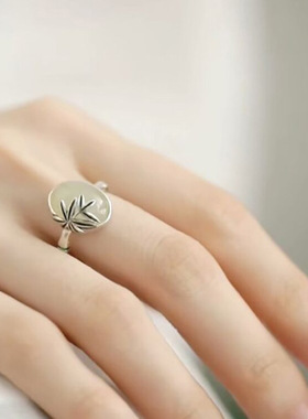 925银复古新中式和田玉竹节蛋面戒指环开口调节民族风小众高级感