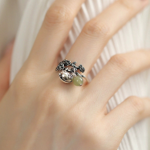 925银复古新中式玫瑰藤蔓戒指环开口调节小鸟和田玉女小众高级感