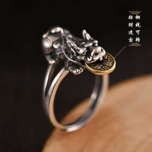 925银可转动貔貅戒指环男女招财转运铜钱复古风个性活口调节百搭