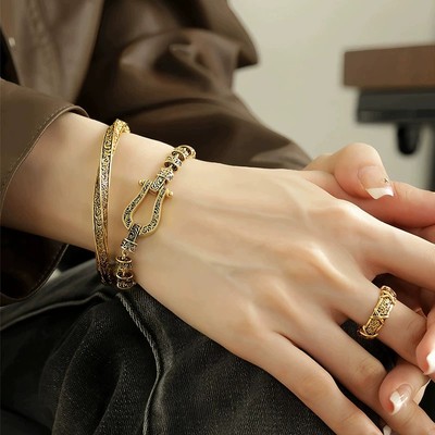 925银中式古金唐草纹U形马蹄手链