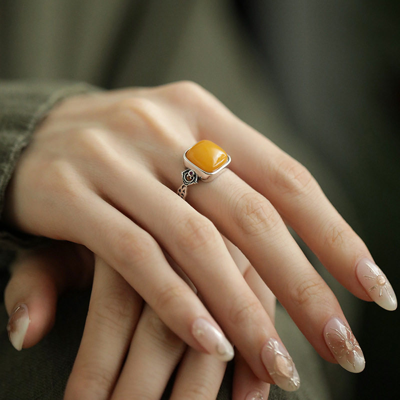 925银复古新中式方糖蜜蜡戒指环开口调节做旧民族风女小众高级感