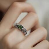 925银新中式 复古民族风福禄平安葫芦女款 戒指环开口调节和田碧玉