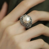 925银复古新中式 繁花丝珍珠花朵戒指环开口调节女小众设计高级感