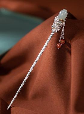 和田玉兰花S925银汉服发饰复古风可盘发簪子流苏步摇发钗古典日常