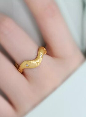 925银复古新中式古金星星波浪戒指环开口调节女士精致小众高级感