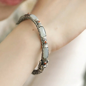 925银新中式 和田玉南红无事牌手镯子开口女复古典民族风花丝镂空