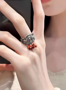 925银复古新中式南红玛瑙蝙蝠流苏戒指环开口调节民族风女士精致