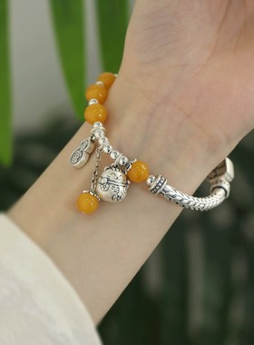 925银复古新中式琥珀蜜蜡平安喜乐招财猫弯管手链手串民族风女士