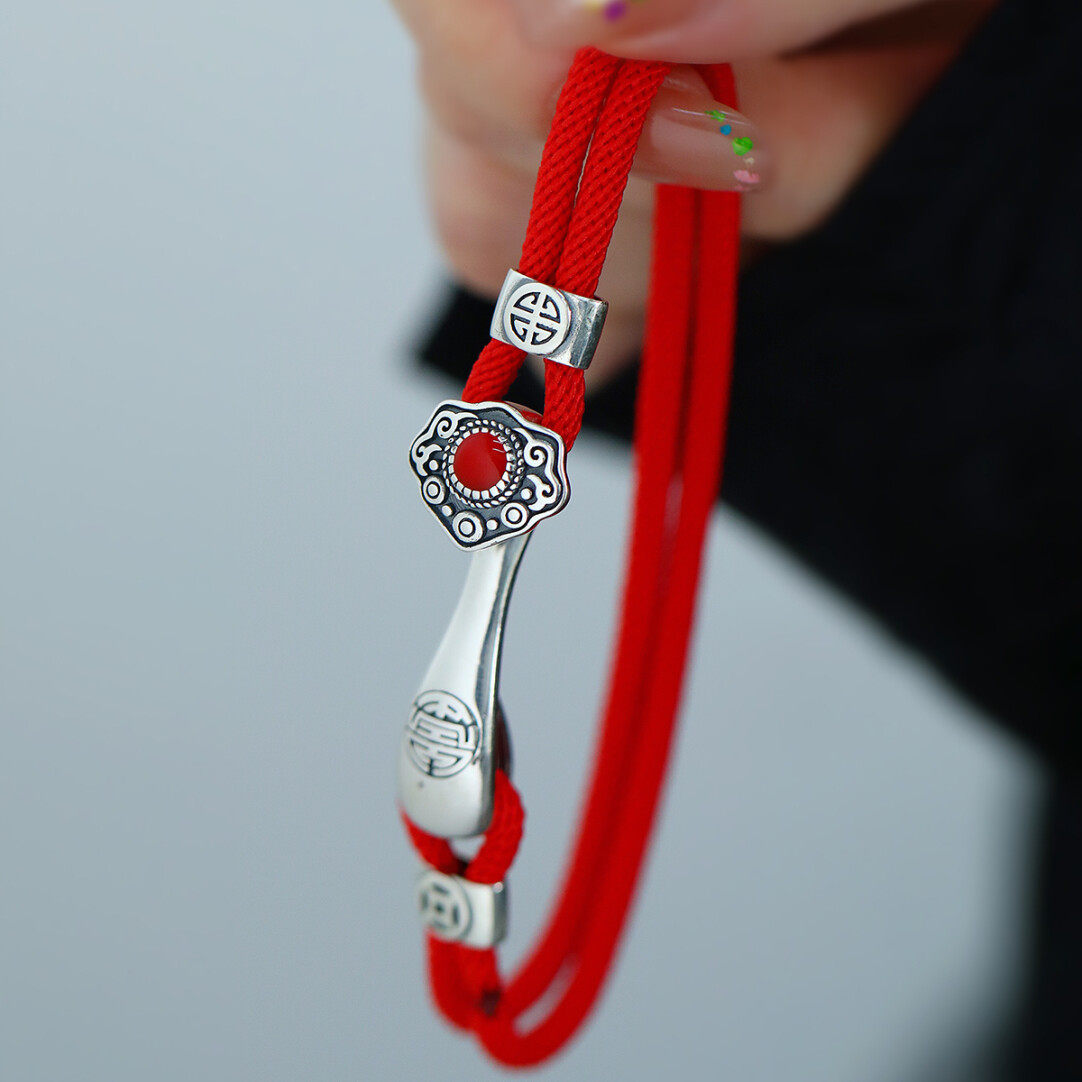 925银复古新中式吉祥如意编织手绳南红绳钱币手链简约小众高级感