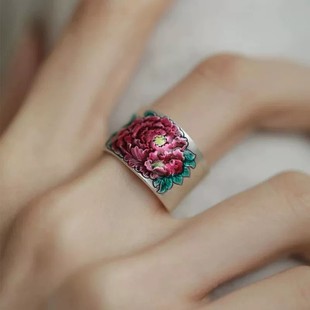 925银复古新中式珐琅滴釉牡丹花戒指环开口调节女民族风小众设计