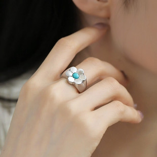 925银复古新中式绿松石六瓣花小花拉丝戒指环开口可调节民族风女