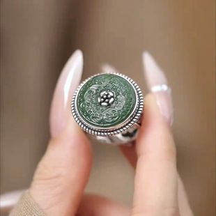 925银复古新中式唐草纹圆牌牡丹花戒指和田玉女士轻奢精致民族风