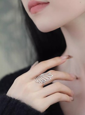 925银复古新中式镂空翅膀戒指环开口调节精简百搭女士高级感小众