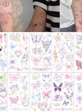 10张原创蝴蝶纹身贴蝴蝶和猫咪的秘密文身贴手绘水彩风派对贴纸。