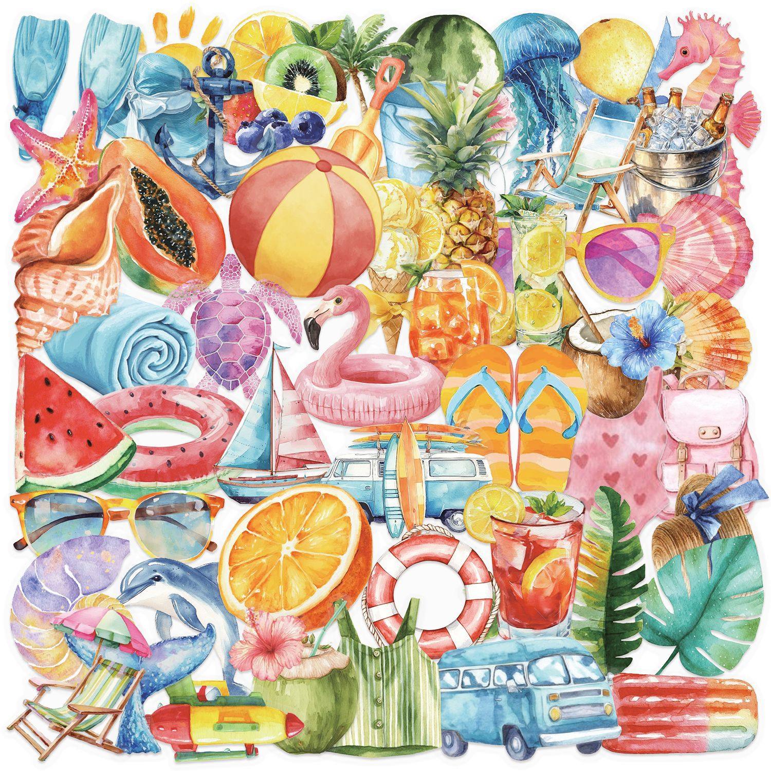 100张卡通水彩夏日沙滩贴纸