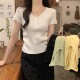 气质短款 设计感小众v 女夏季 针织衫 小上衣 领纽扣褶皱收腰正肩短袖